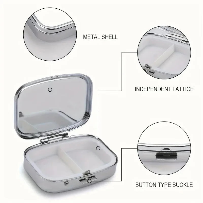 A portable metal pill organizer and jewelry case showing its components including a metal shell, independent lattice, and but