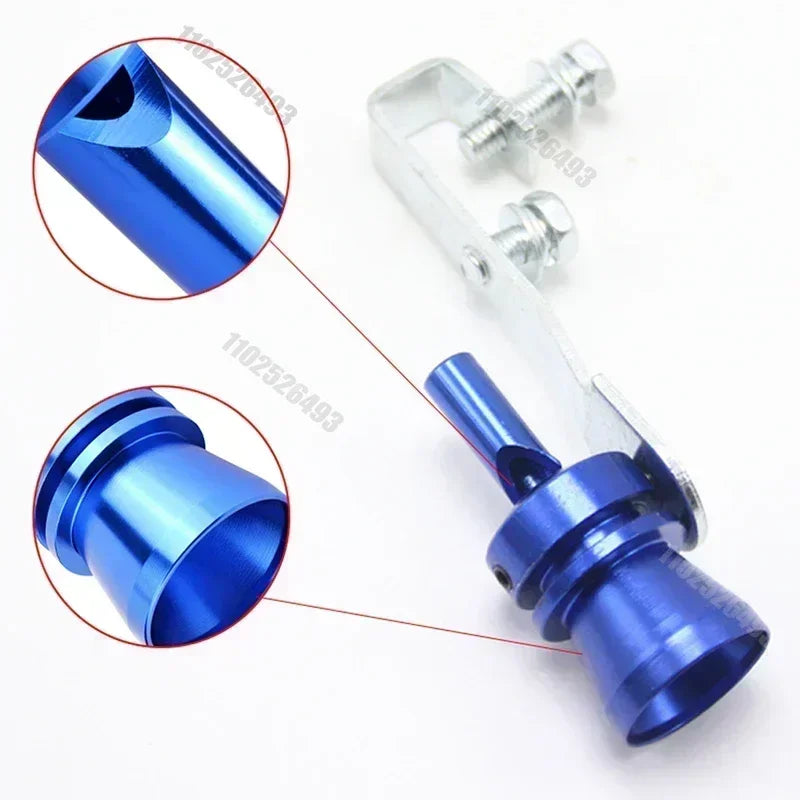 A shiny blue turbo sound whistle fitting for a car exhaust pipe, shown in various angles.