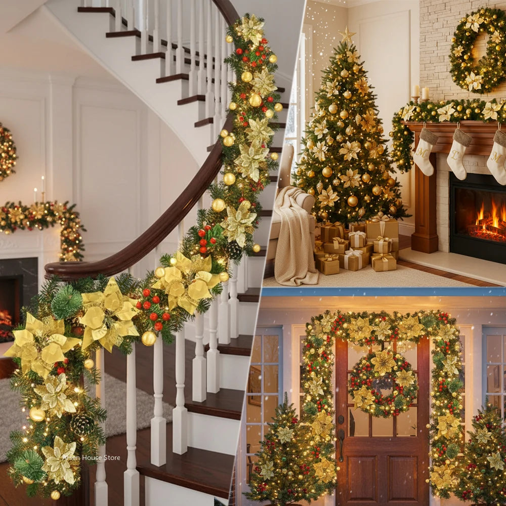 LED rattan Christmas garland with gold and green accents decorating a staircase and entryway.