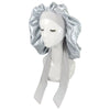 A white mannequin head wearing a silver satin sleep cap for hair protection