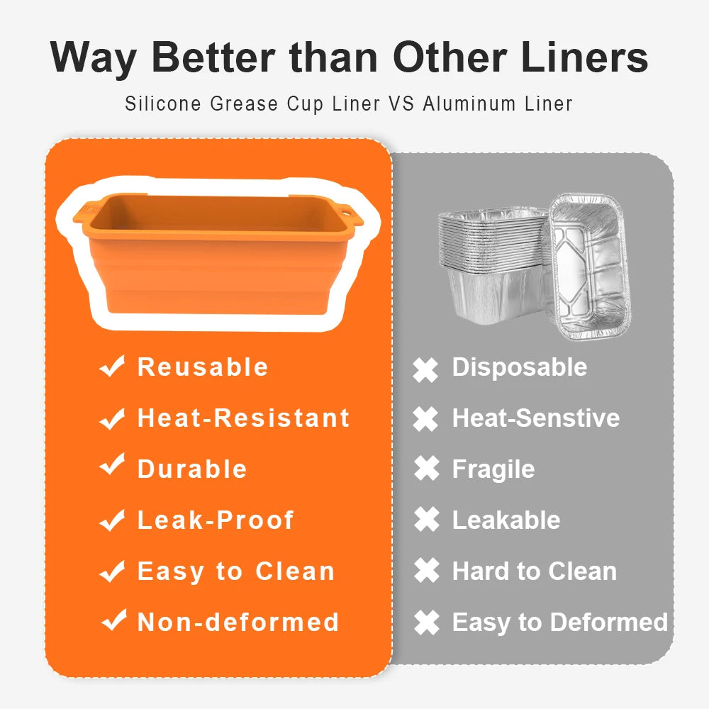 Comparison showing reusable silicone grease cup liners versus aluminum liners for cooking.