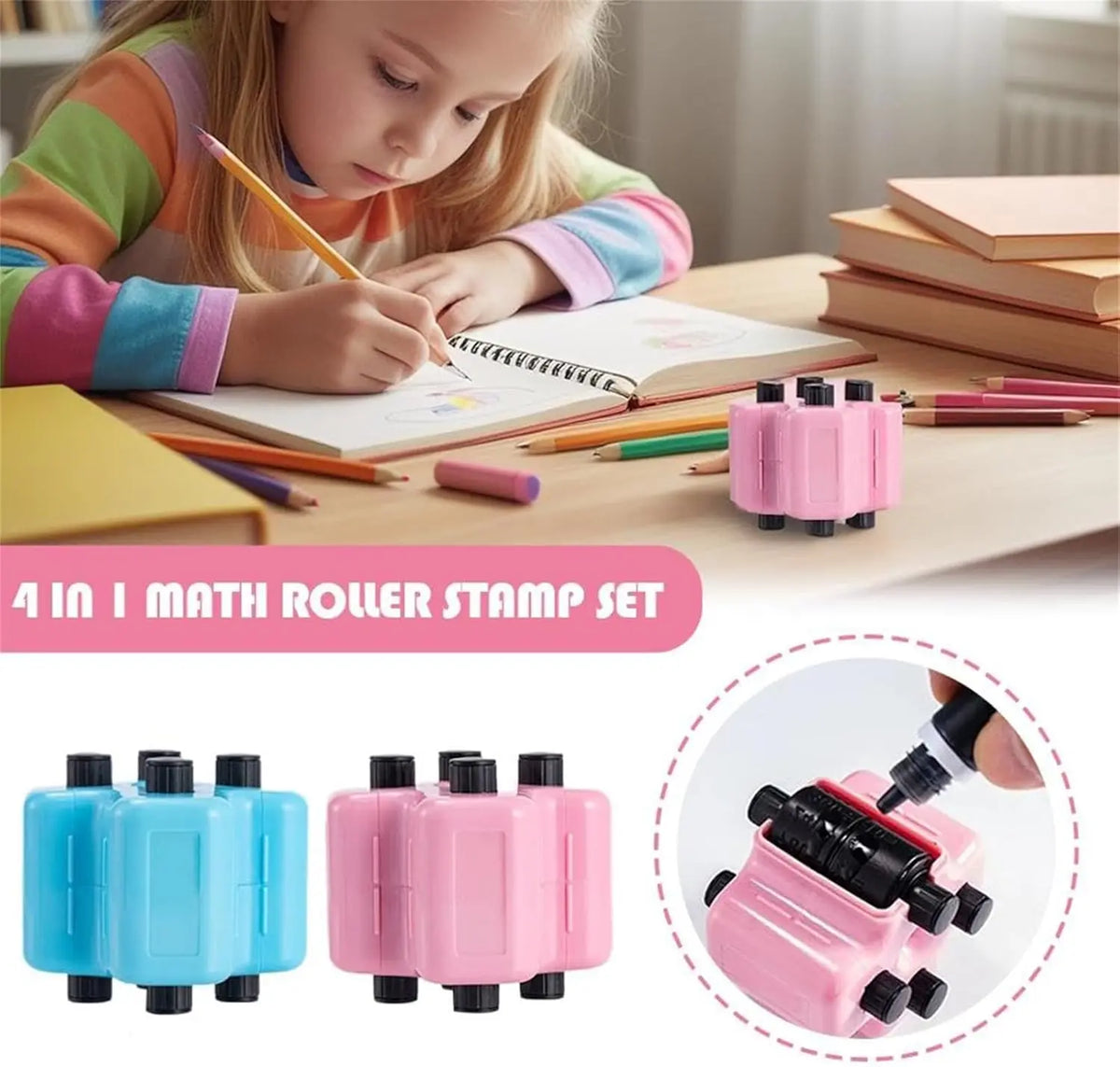 4-in-1 Math Roller Stamp Set – Addition, Subtraction, Multiplication & Division Practice