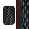 Black quilted PU car armrest cover with a storage pad and red stitching.