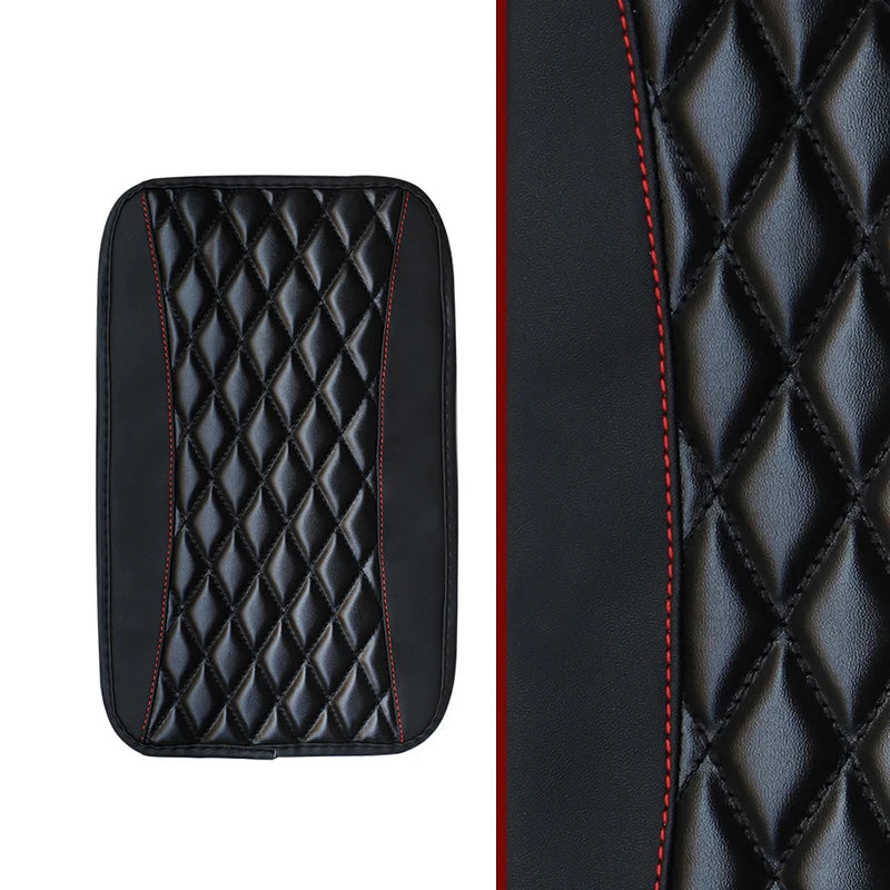 Black quilted PU car armrest cover with a storage pad and red stitching.