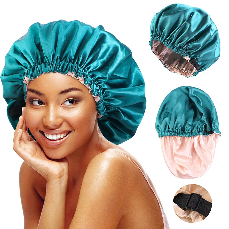 A woman wearing a teal satin sleep bonnet, with separate fabric pieces shown nearby.