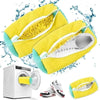 Yellow reusable shoe washing bag with white interior and a pair of shoes shown.