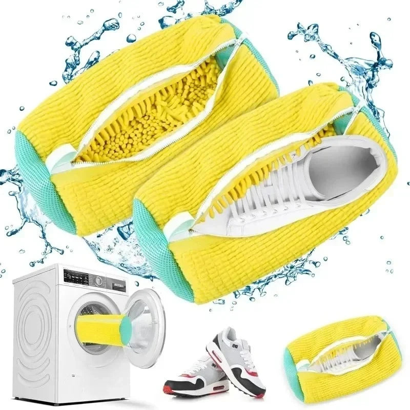 Yellow reusable shoe washing bag with white interior and a pair of shoes shown.
