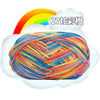 A ball of multi-colored milk cotton blend yarn with various shades of orange, blue, and yellow.