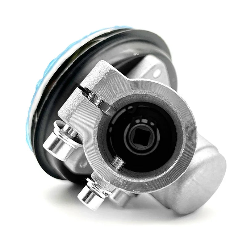 A durable aluminum brush cutter gearbox replacement assembly with a silver housing and blue accents.