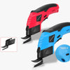 A set of cordless electric scissors in red and blue, shown with the scissor head and a battery.