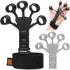 Black adjustable finger strengthener with a wrist strap shown in various sizes and usage.