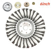 A heavy-duty steel wire wheel brush with multiple bristles and mounting hardware for lawn mowers and trimmers.