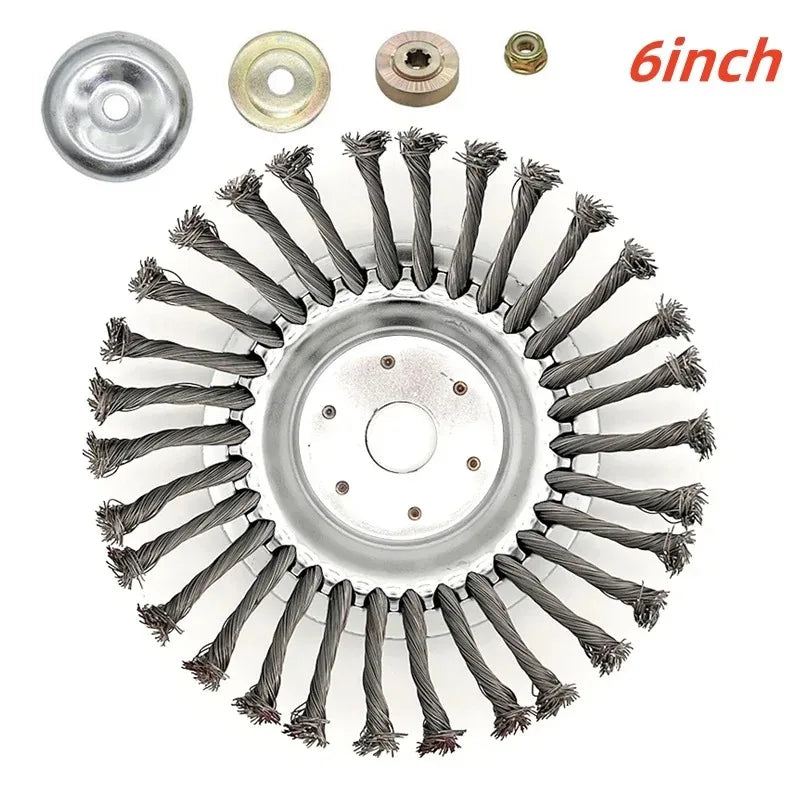 A heavy-duty steel wire wheel brush with multiple bristles and mounting hardware for lawn mowers and trimmers.