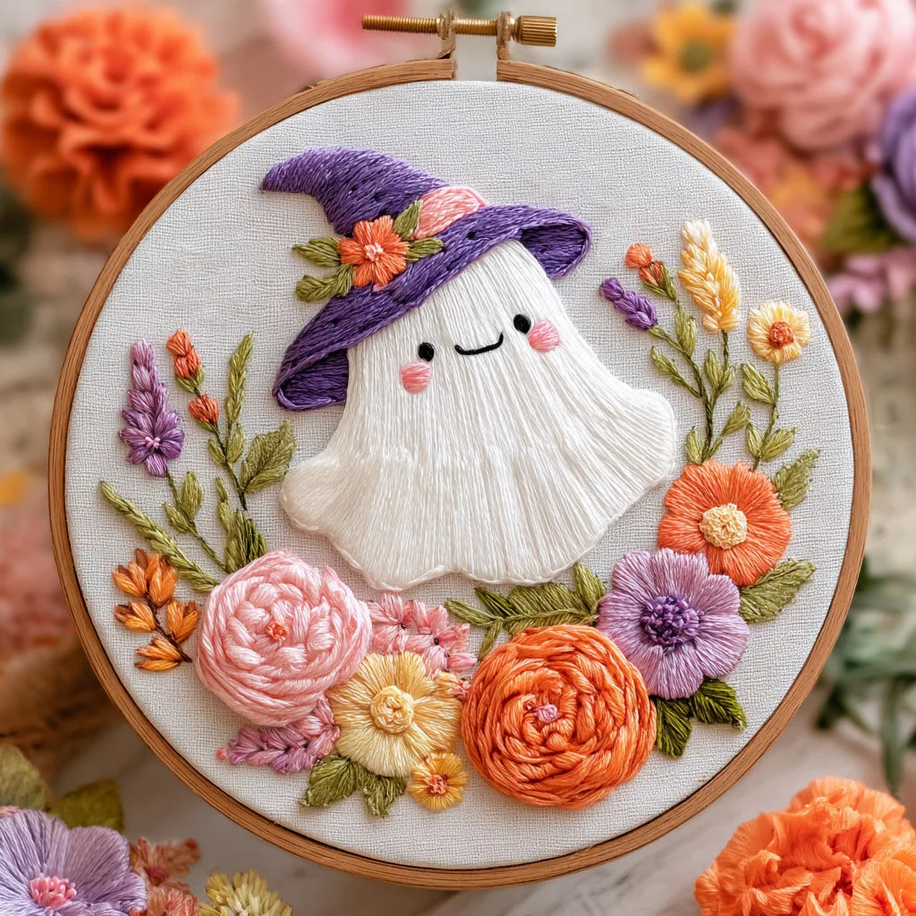A cross stitch kit featuring a white witch hat and face surrounded by colorful floral embroidery stitches.