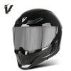 A black full-face motorcycle helmet with a clear visor and ventilation grilles.