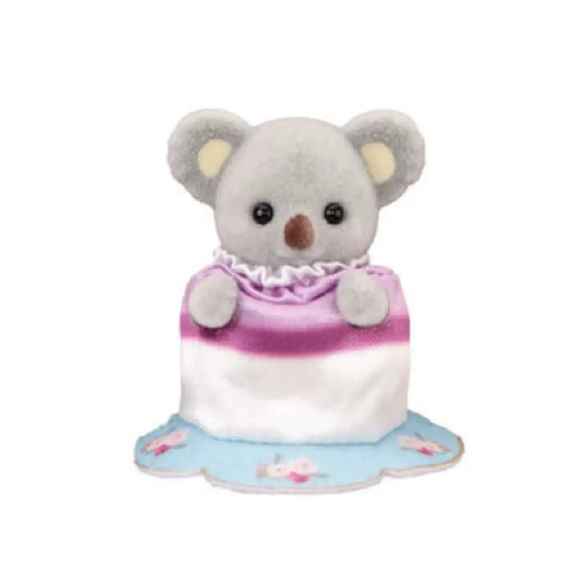 A cute grey elephant Sylvanian Families Tea Party Baby blind bag collectible figure wearing a pink ruffled dress.