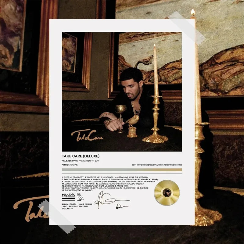 A canvas print featuring Drake album art displayed in a dark, moody setting.