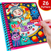 A colorful magic water book with a character drawing, featuring sea creatures and an open page.