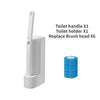 A white toilet handle and holder set with six replacement brush heads shown next to the product.