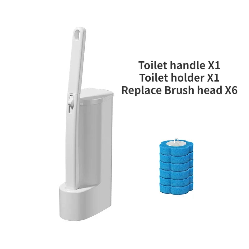 A white toilet handle and holder set with six replacement brush heads shown next to the product.
