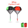 Two parachute toys, one green and one red, are shown with handles.