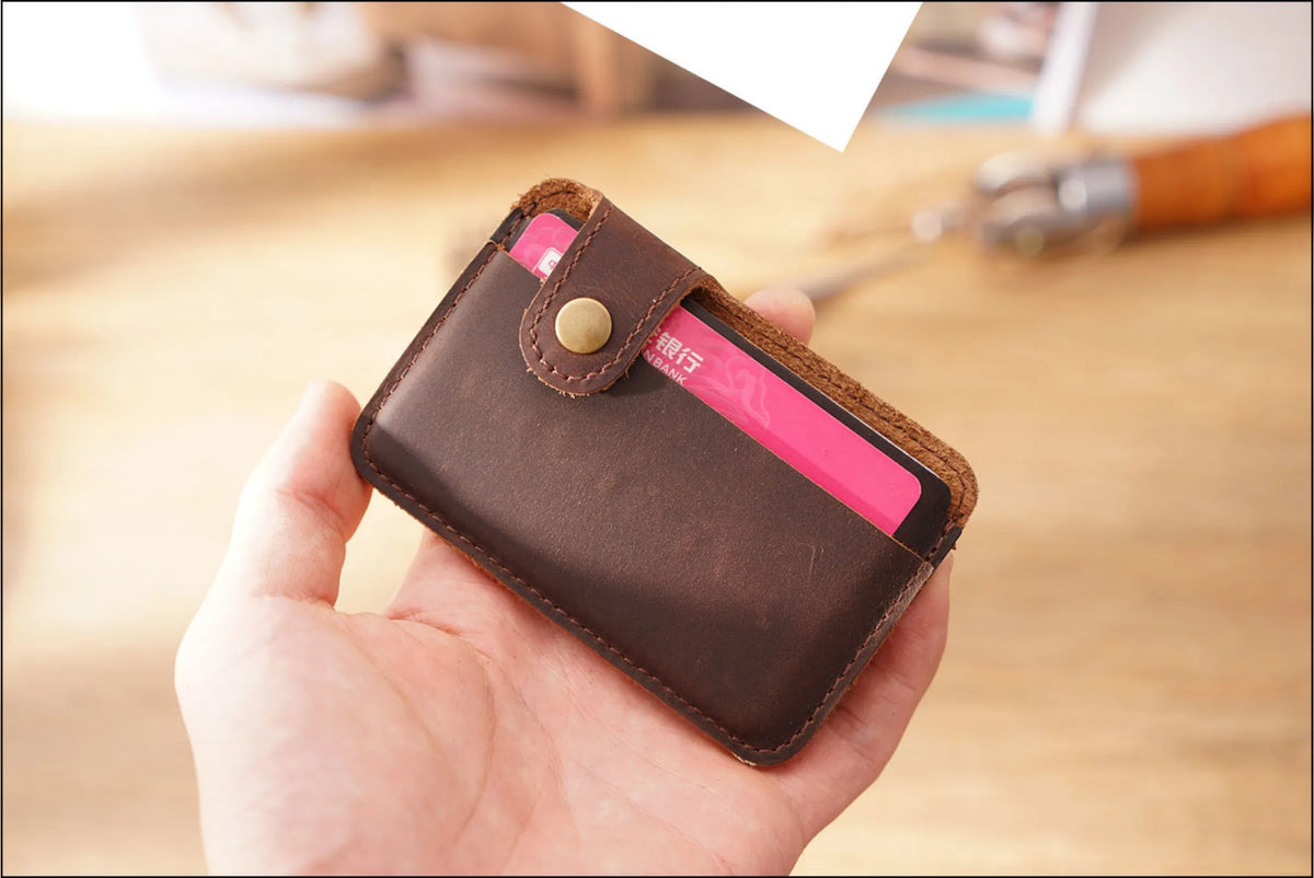 Vintage Leather Slim Card Holder with Snap Closure