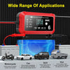 A red 12V intelligent pulse repair charger with an LCD display is shown above various vehicles.