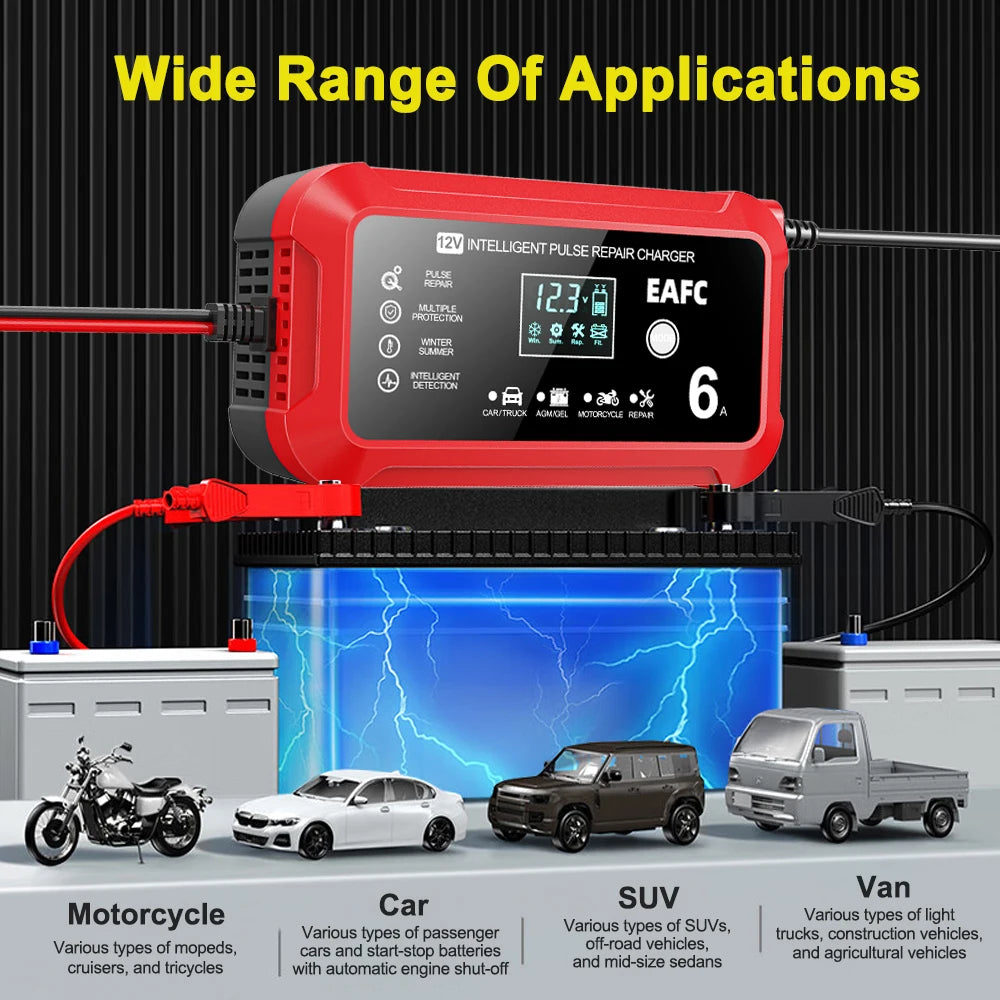 A red 12V intelligent pulse repair charger with an LCD display is shown above various vehicles.
