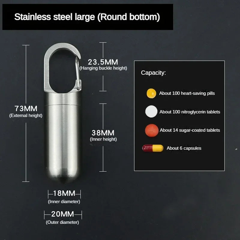 Stainless steel large pill capsule with a round bottom and hanging buckle for storage