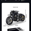 A detailed model kit of a motorcycle, including engine components and frame parts, shown alongside the assembled product size
