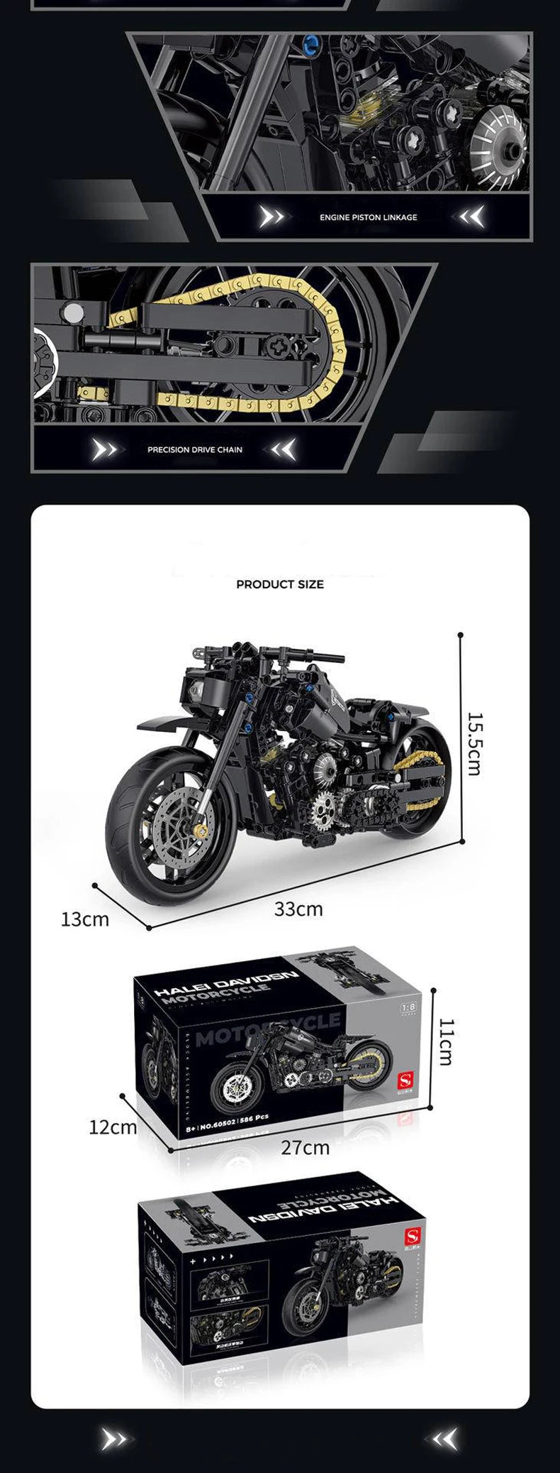 A detailed model kit of a motorcycle, including engine components and frame parts, shown alongside the assembled product size