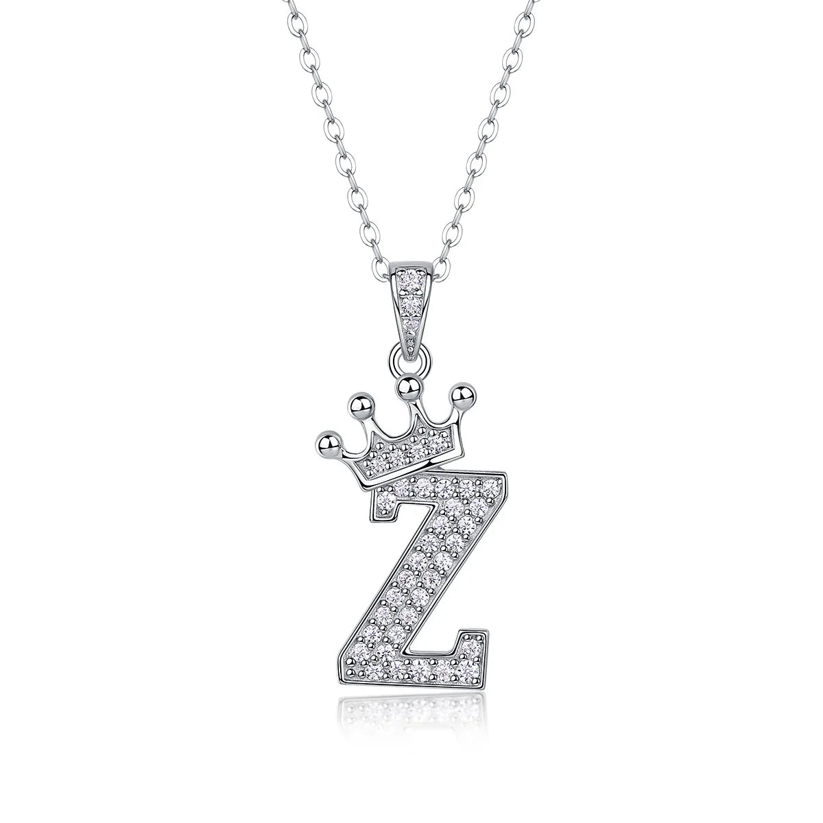 A sterling silver moissanite letter Z pendant necklace with a crown design.
