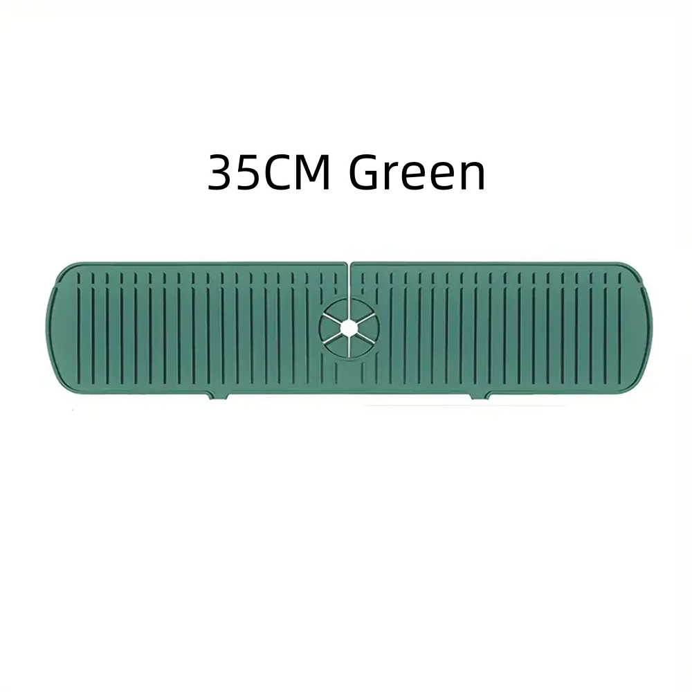 A 35cm green silicone faucet drain mat for kitchen and bathroom countertop protection.