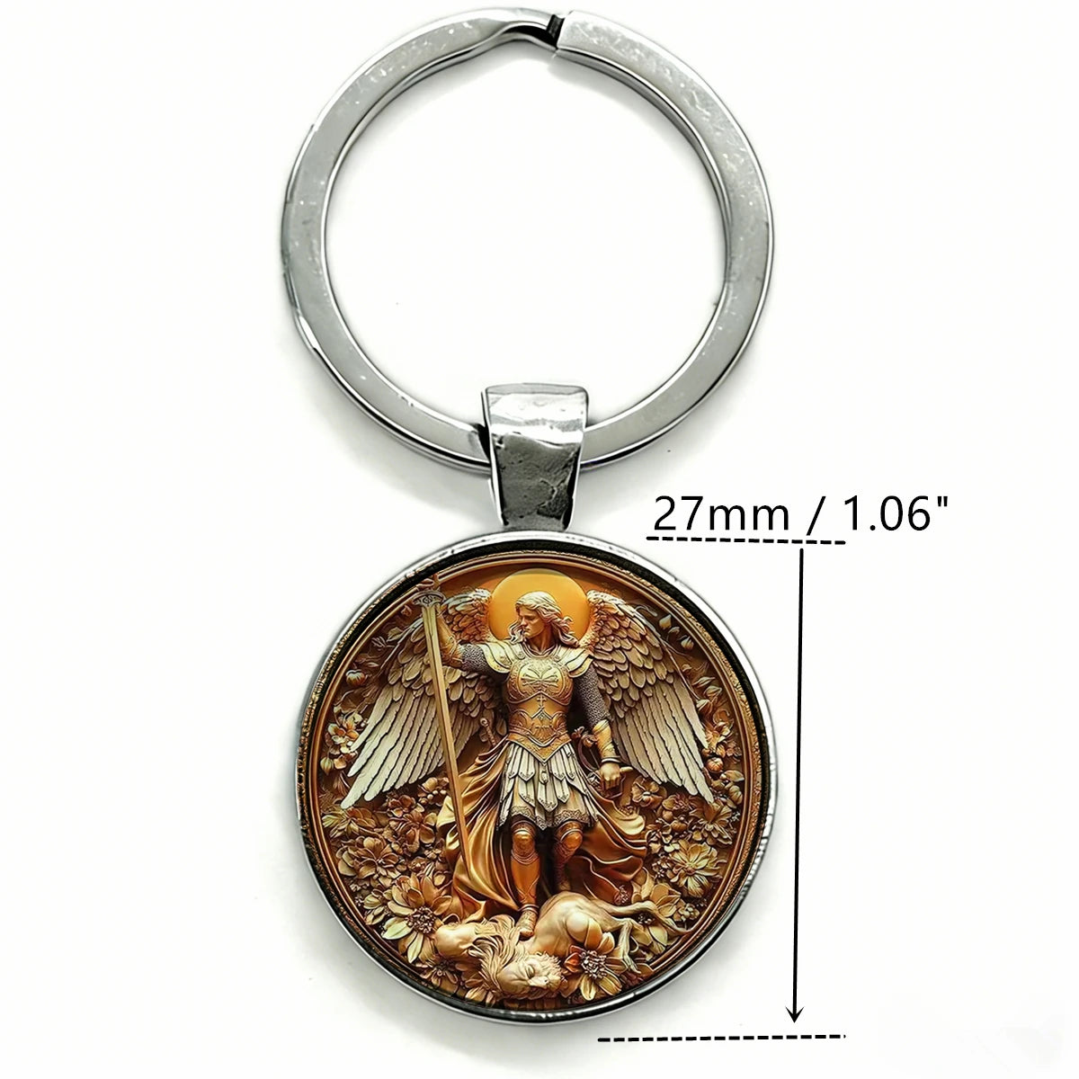 Silver key chain featuring a detailed depiction of Saint Michael the Archangel with wings and a lion.
