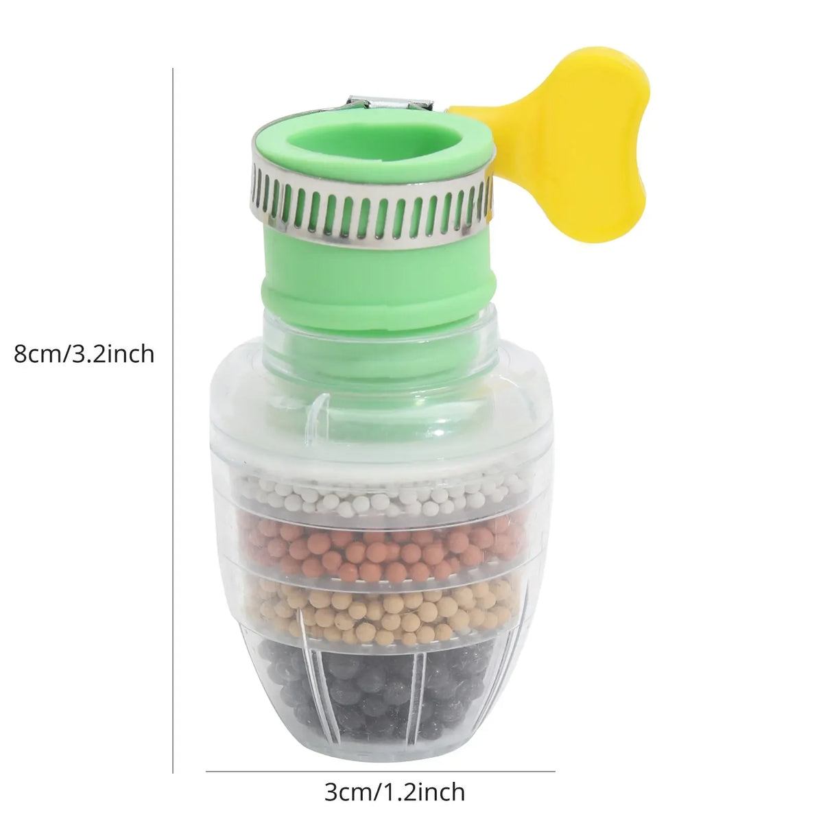 A clear plastic water filter bottle with a green cap and a yellow spray head, showing layered filtration media.