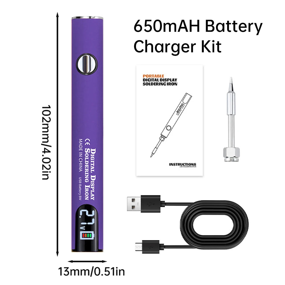 A purple 650mAh battery charger kit featuring a digital display soldering iron and USB cable.
