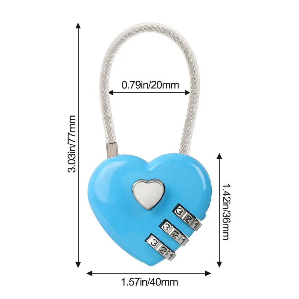 A light blue heart-shaped padlock with a white braided key and three numbered combination dials.