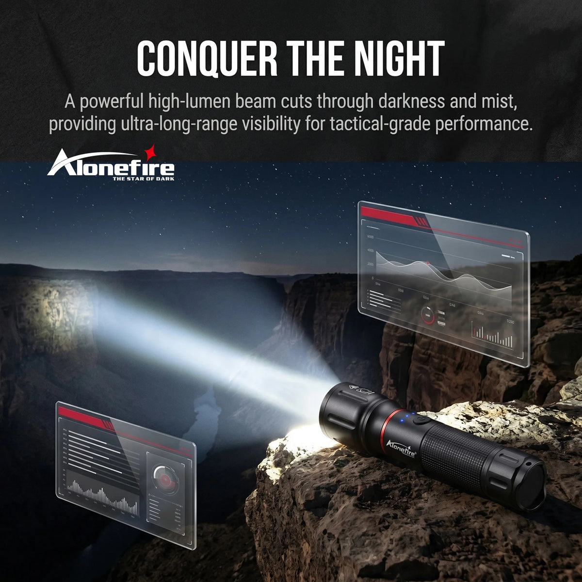 A black flashlight with a red lens beam cutting through darkness, illuminating a rocky landscape.