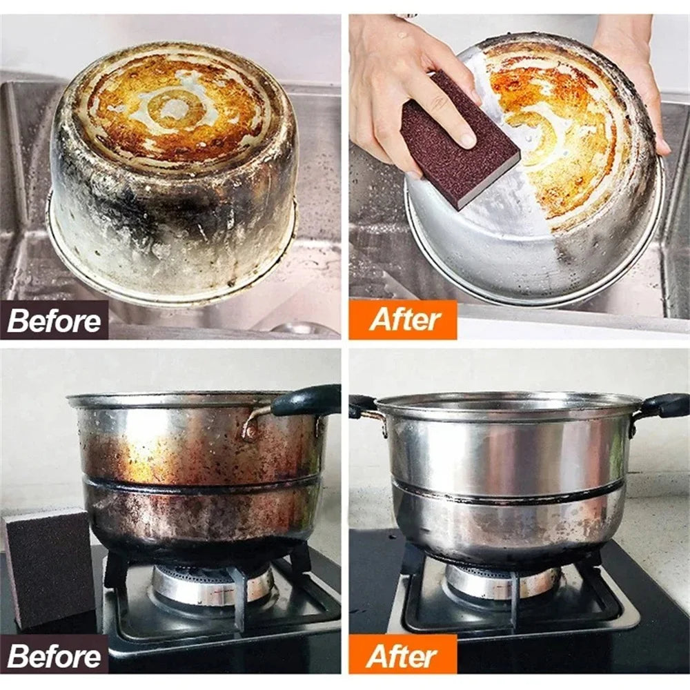 Before and after images showing the Emery Cleaning Sponge removing stains from a pot.