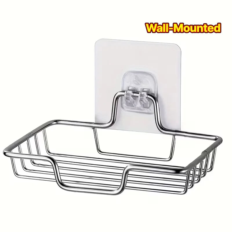 Stainless steel wall-mounted soap dish with a wire rack and no-drill adhesive installation