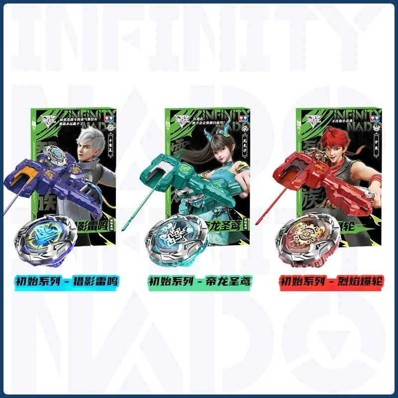 A set of Infinity Nado Spin Force Battle Tops with launchers featuring characters and weapons.