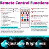 Diagram showing remote control functions including ON/OFF, mode switching, color selection, and adjustable brightness for str