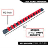 Red socket organizer rail with 1/2 inch drive sockets and 12 clips for storing tools