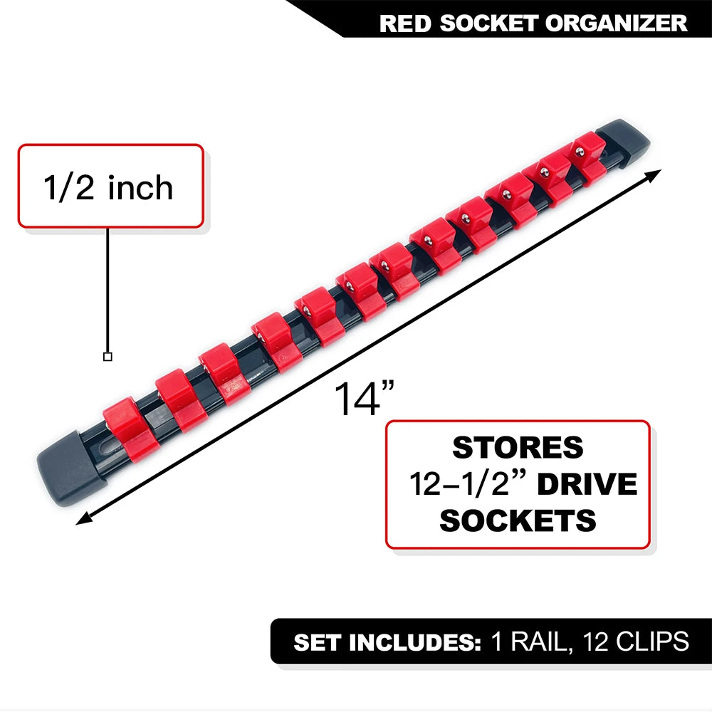 Red socket organizer rail set with 12 clips for storing 1/2 inch drive sockets