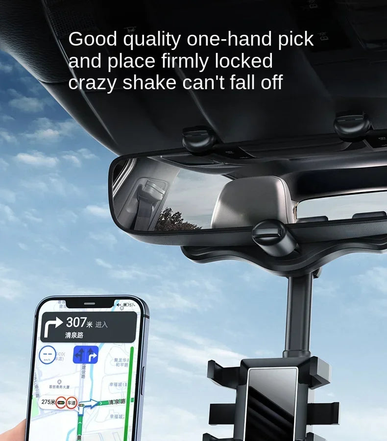 A phone mount is shown attached to a car's rearview mirror, demonstrating its one-hand pick and secure locking feature.