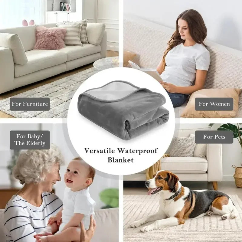 A versatile waterproof flannel blanket shown in various contexts for furniture, women, baby/elderly, and pets.