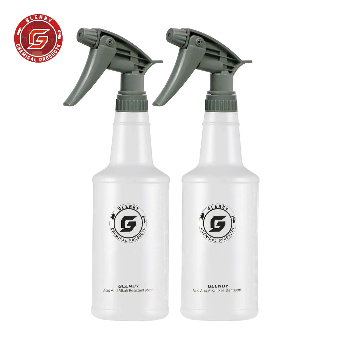 Two empty plastic spray bottles with sprayers are shown against a white background.