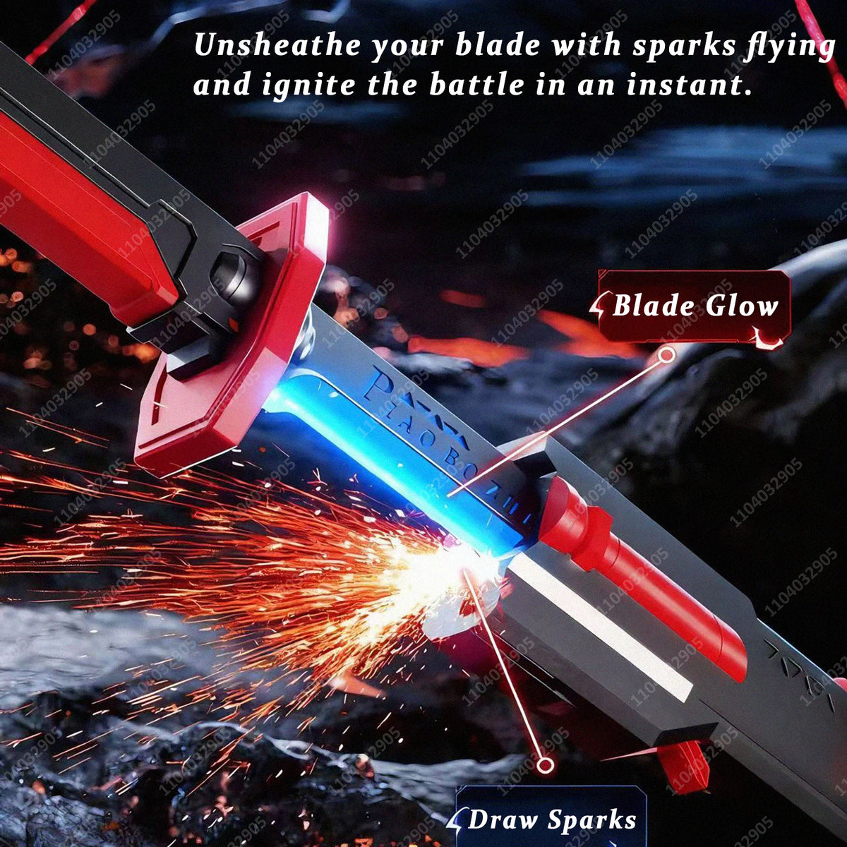 A red and silver glowing sword is shown igniting with sparks and light effects.