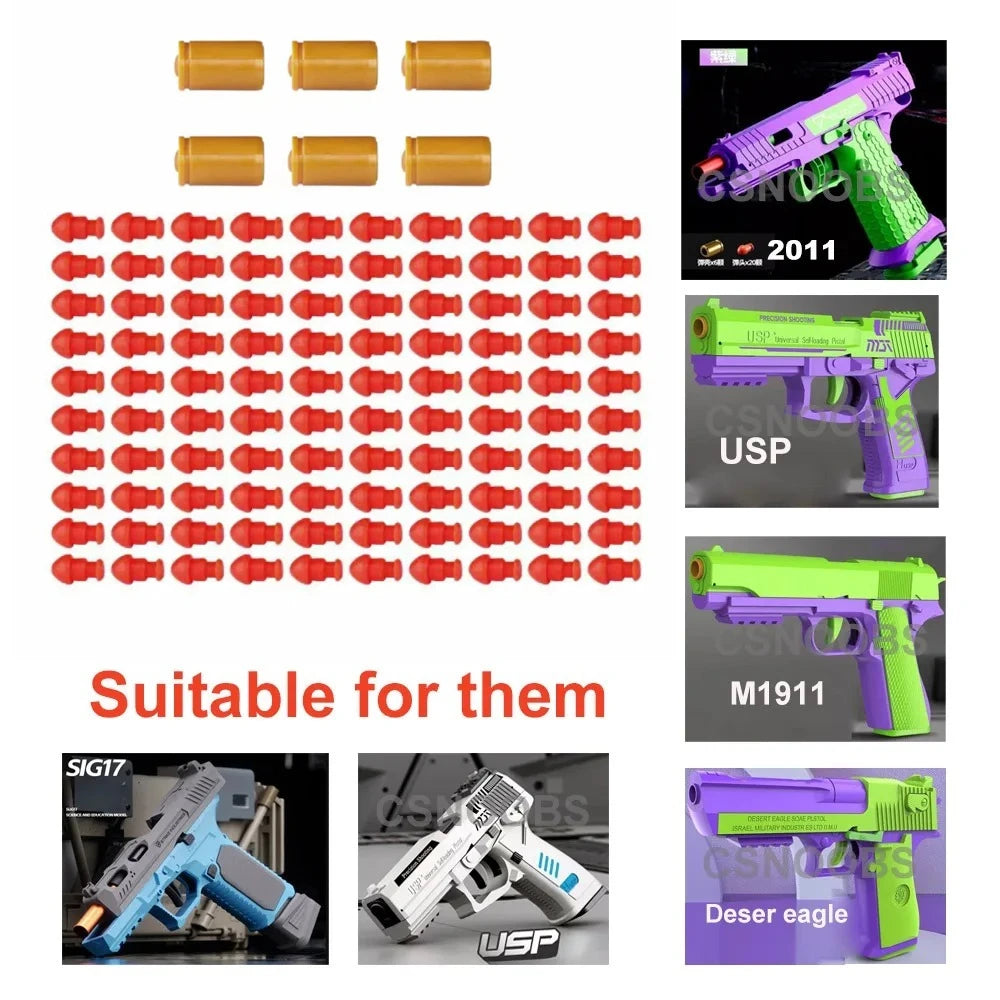 A collection of reusable toy gun shells and darts for M1911, SIG17, and USP models, shown alongside a green pistol.