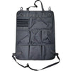 A gray tactical seat back organizer bag with seven pockets and straps for car storage.